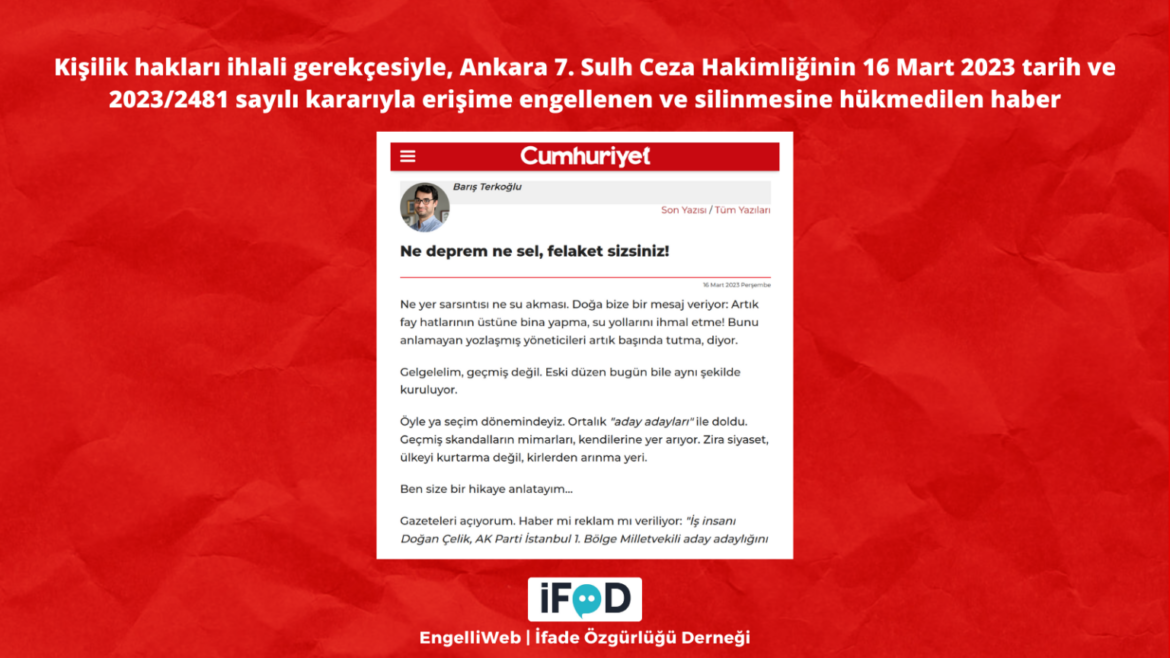 Gazeteci Barış Terkoğlunun köşe yazısına sansür Düşünce Suçu na